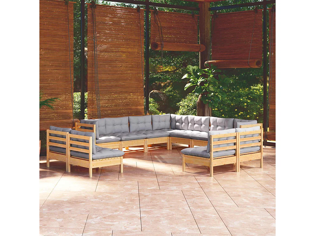 Salon de jardin 11 pcs avec coussins gris Bois de pin solide