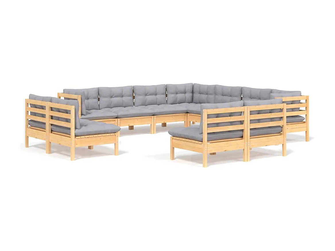 Salon de jardin 11 pcs avec coussins gris Bois de pin solide