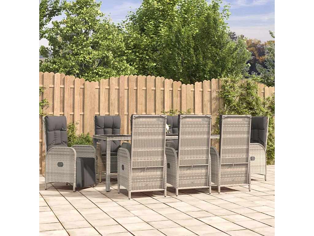 9 pcs conjunto de jantar p/ jardim c/ almofadões vime PE cinza