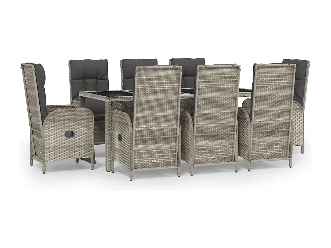 9 pcs conjunto de jantar p/ jardim c/ almofadões vime PE cinza