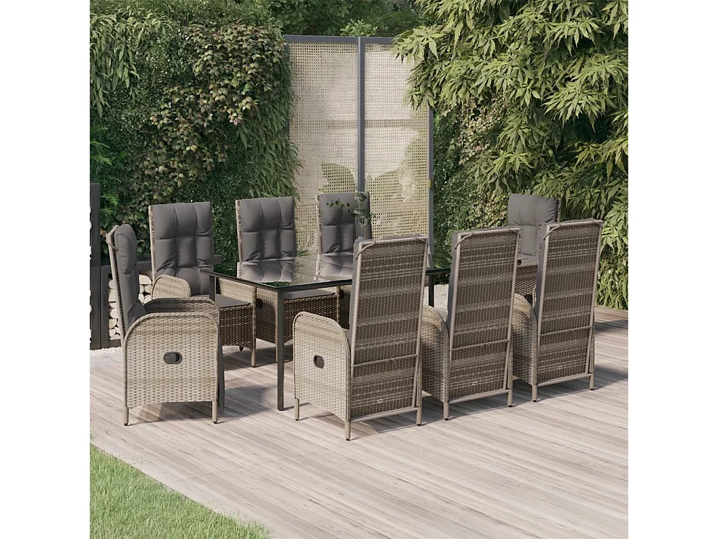 9-tlg. Garten-Essgruppe mit Kissen Schwarz und Grau Poly Rattan