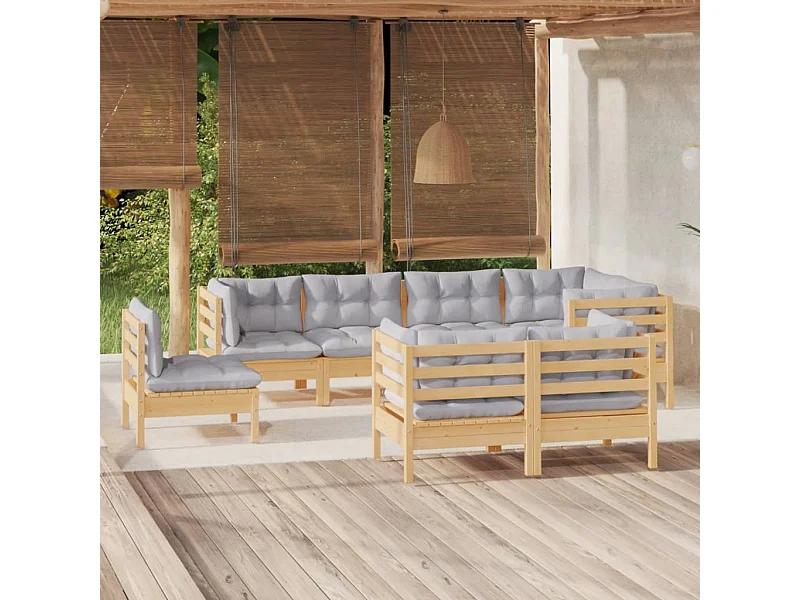 8-tlg. Garten-Lounge-Set mit Grauen Kissen Kiefer Massivholz