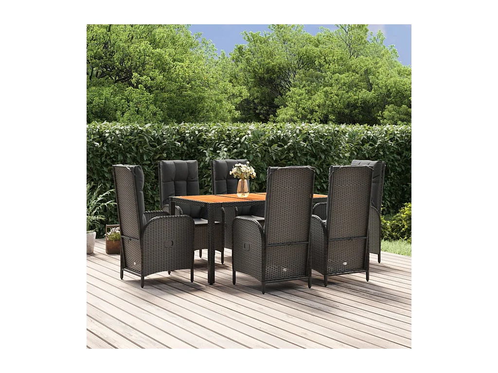 Set da Pranzo da Giardino 7 pz Nero con Cuscini in Polyrattan