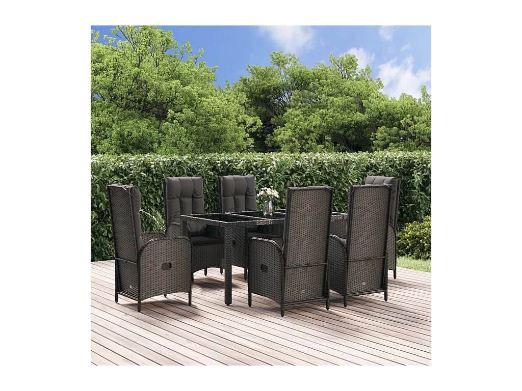 Set da Pranzo Giardino 7pz Nero e Grigio con Cuscini Polyrattan