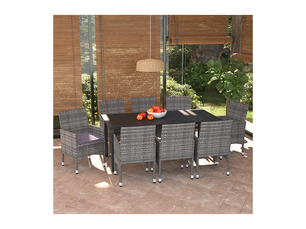 Ensemble à manger de jardin et coussins 9 pcs Poly rotin Gris