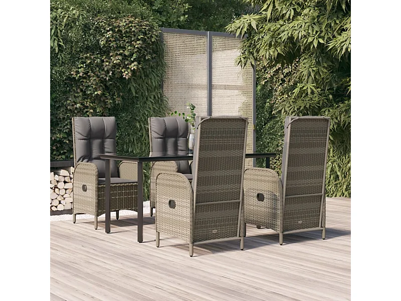 Set da Pranzo Giardino 5pz Nero e Grigio con Cuscini Polyrattan