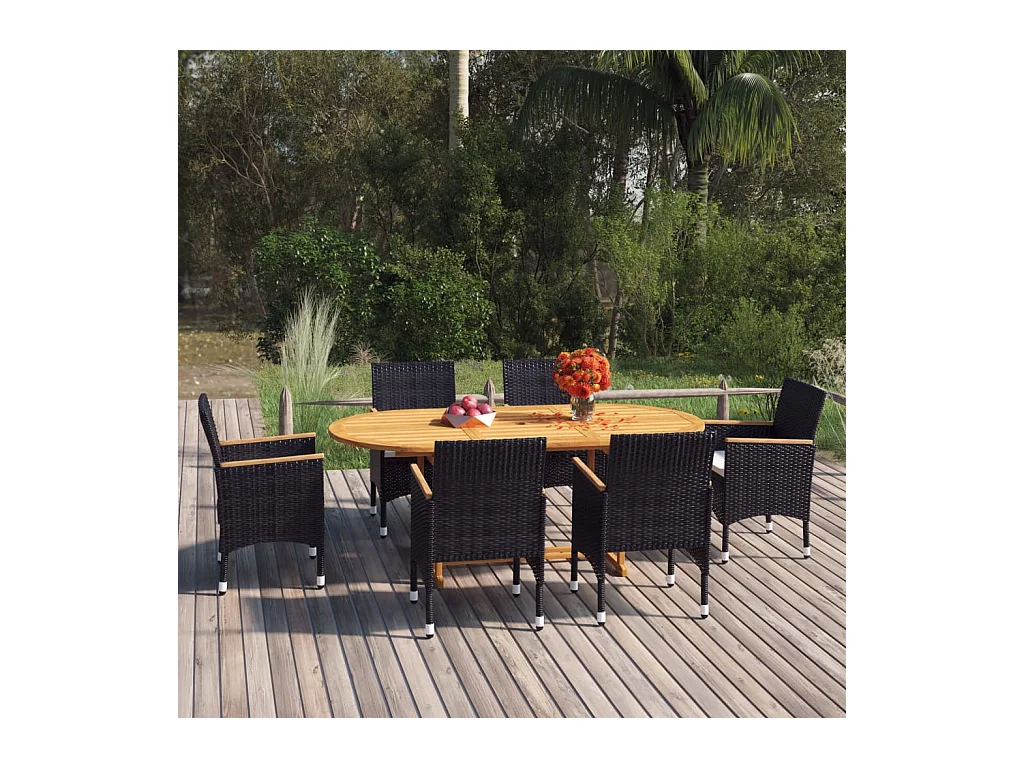 Set de comedor de jardín de 7 piezas negro ratán sintético