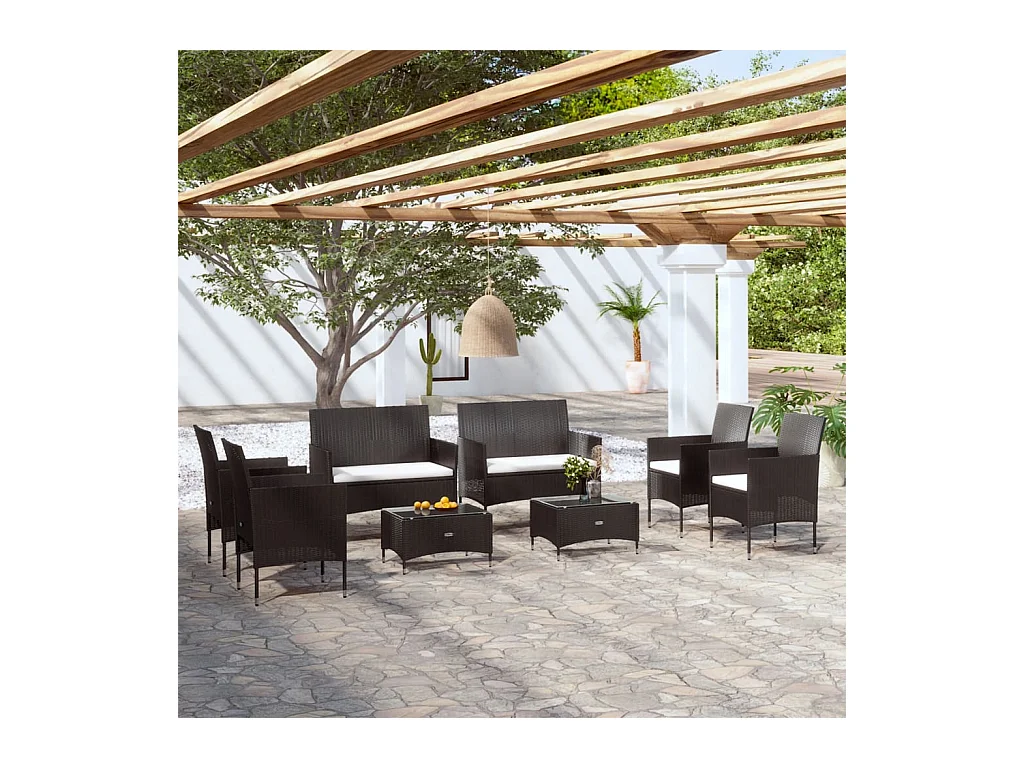 Salon de jardin 8 pcs avec coussins Résine tressée Noir