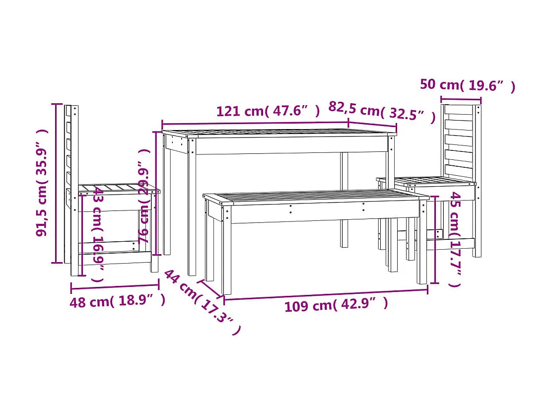 Ensemble à manger de jardin 4 pcs blanc bois massif de pin