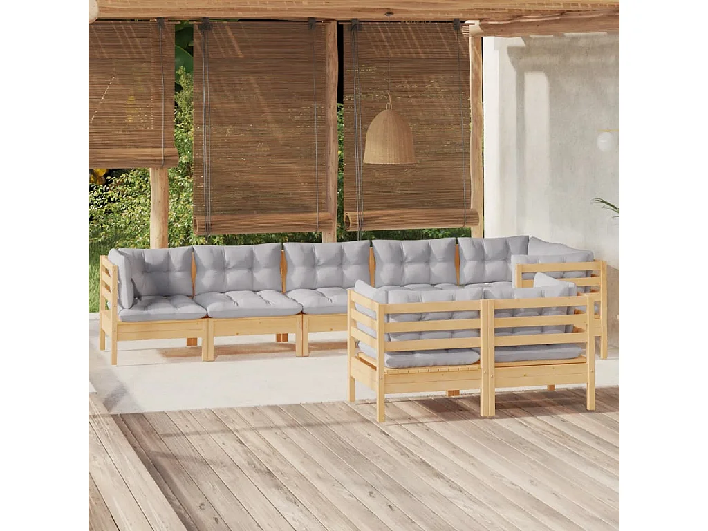 Salon de jardin 8 pcs avec coussins gris Bois de pin massif