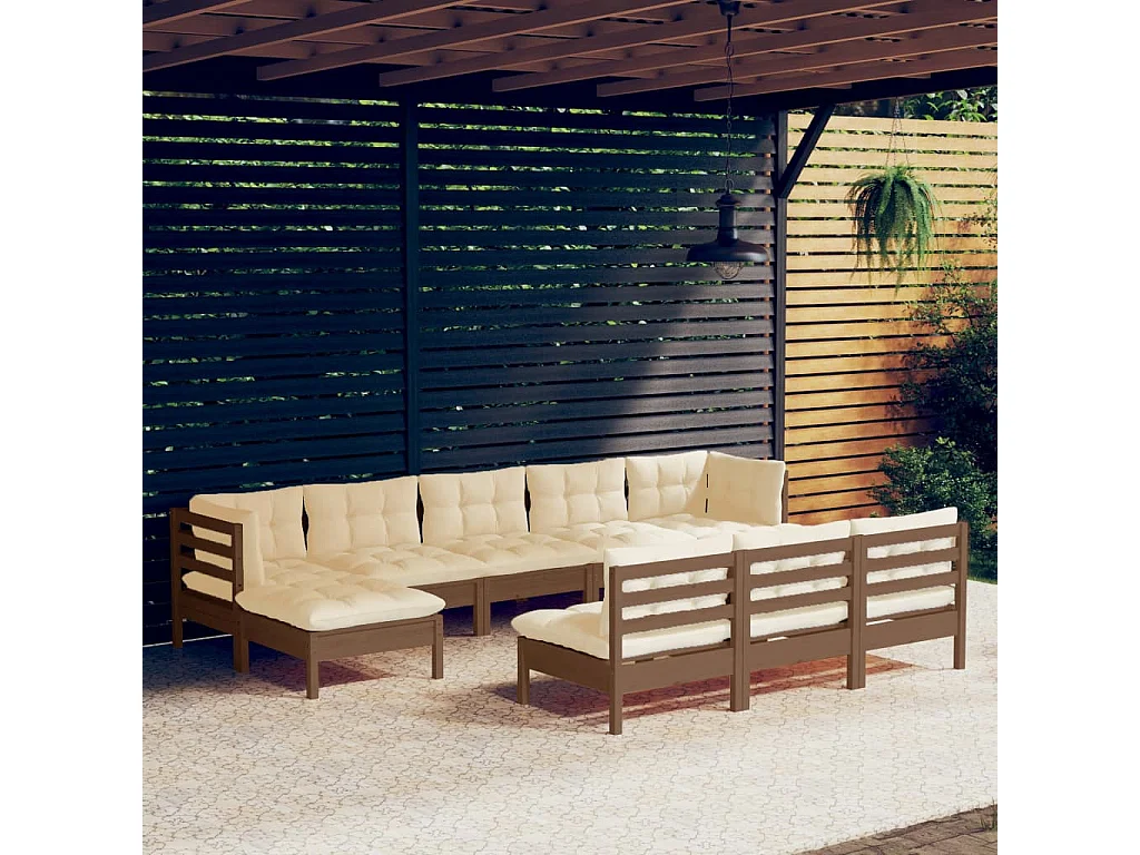 10-tlg. Garten-Lounge-Set mit Kissen Honigbraun Kiefernholz