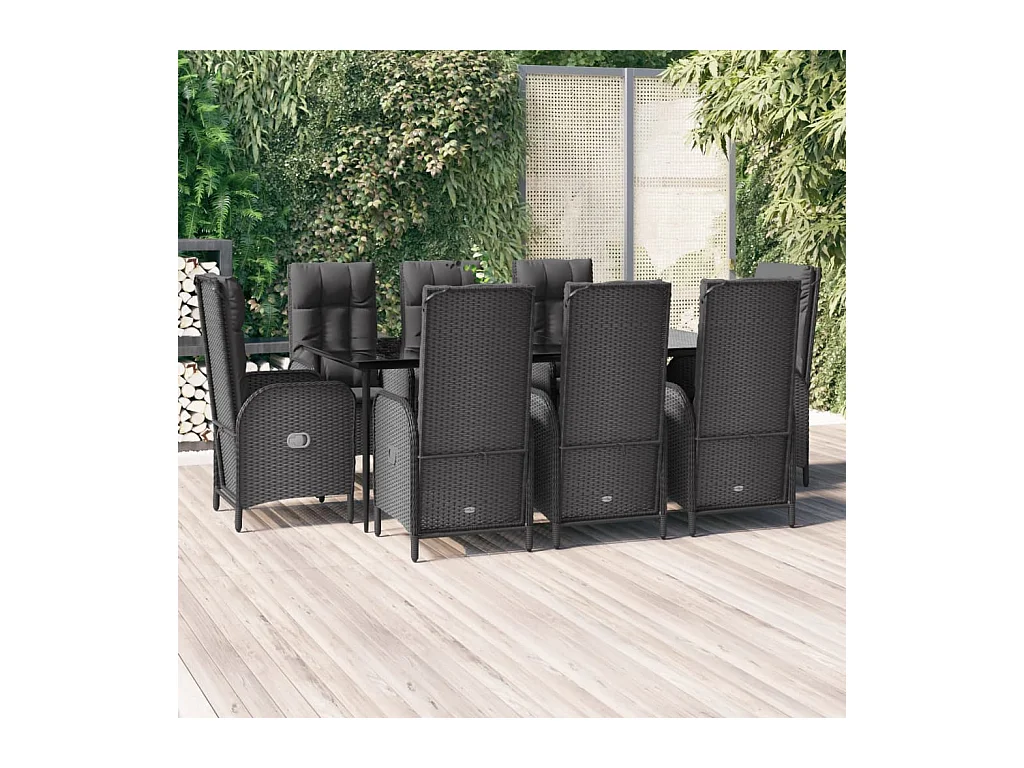 Ensemble à manger jardin 9pcs et coussins noir résine tressée