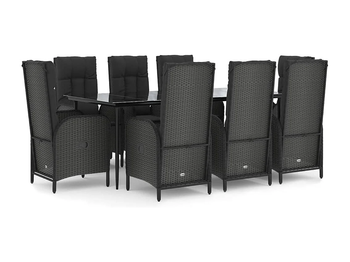 Ensemble à manger jardin 9pcs et coussins noir résine tressée