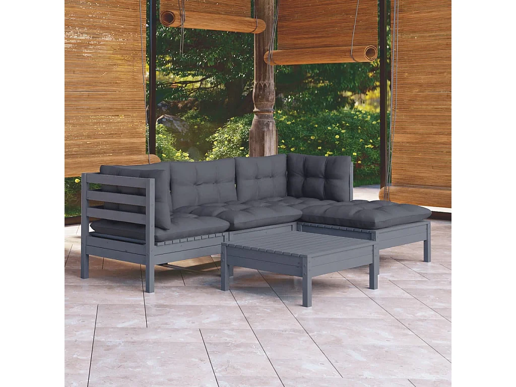 Set Divani da Giardino 5 pz con Cuscini Grigi Massello di Pino