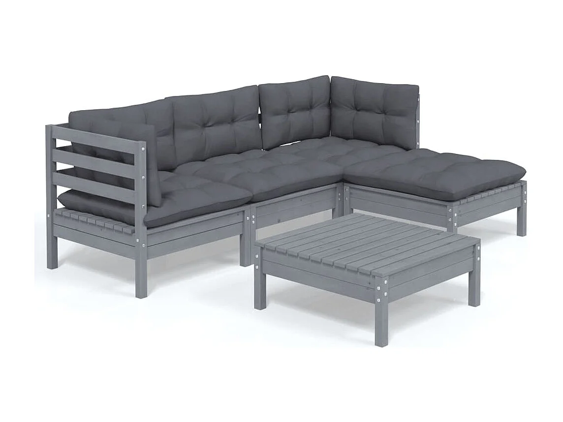 Set Divani da Giardino 5 pz con Cuscini Grigi Massello di Pino