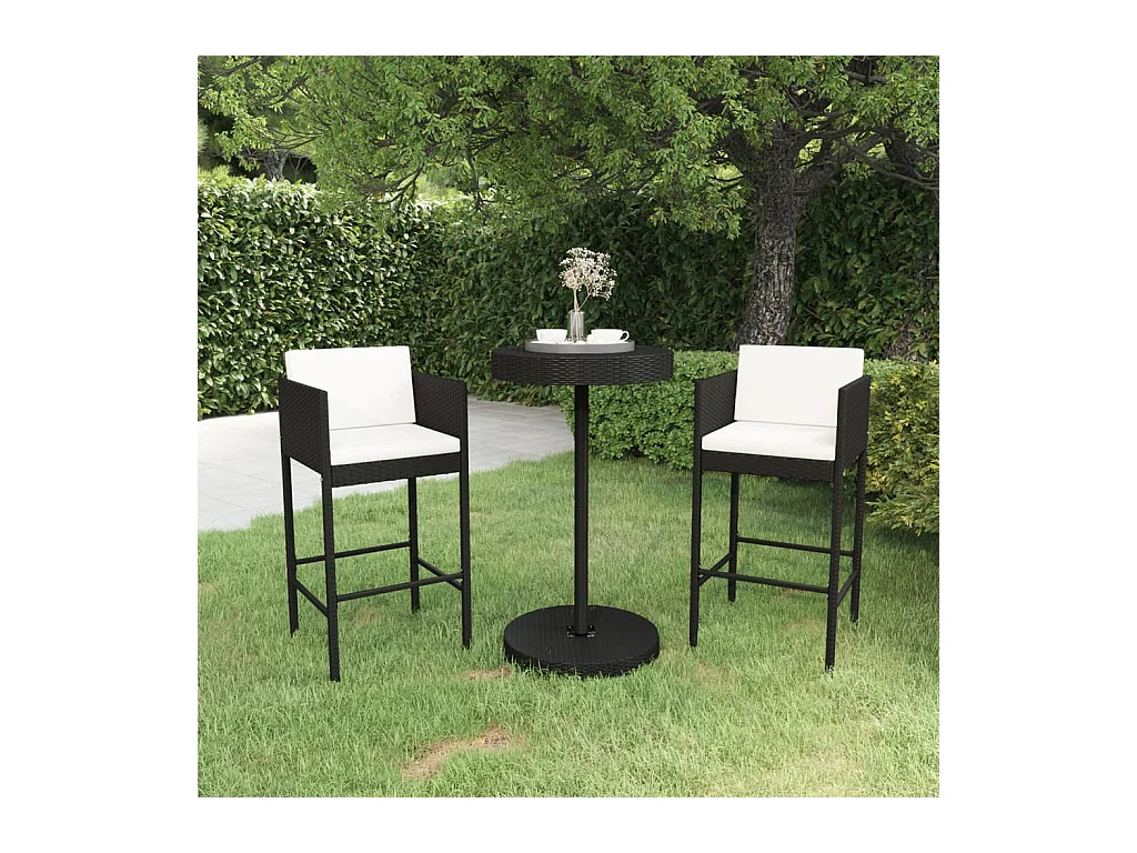 Ensemble de bar de jardin 3 pcs et coussins Résine tressée Noir