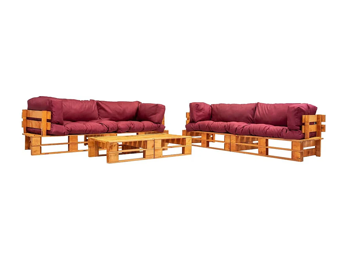 Set Divani da Giardino Pallet 6 pz con Cuscini Rossi in Legno