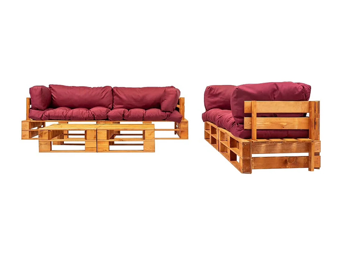 Set Divani da Giardino Pallet 6 pz con Cuscini Rossi in Legno