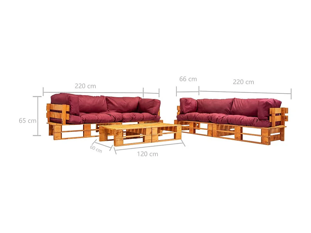 Set Divani da Giardino Pallet 6 pz con Cuscini Rossi in Legno