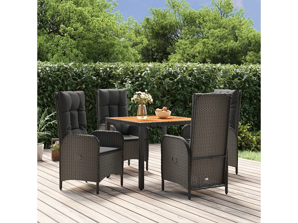 5-tlg. Garten-Essgruppe mit Kissen Schwarz Poly Rattan