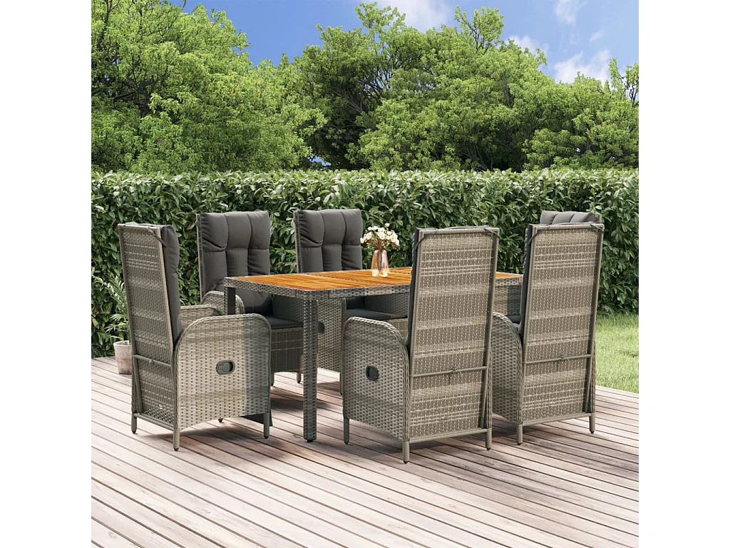7-tlg. Garten-Essgruppe mit Kissen Grau Poly Rattan
