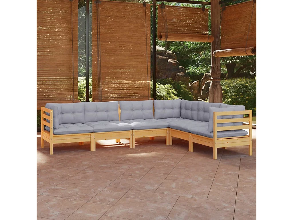 Set Divani da Giardino 6 pz con Cuscini Grigi Massello di Pino
