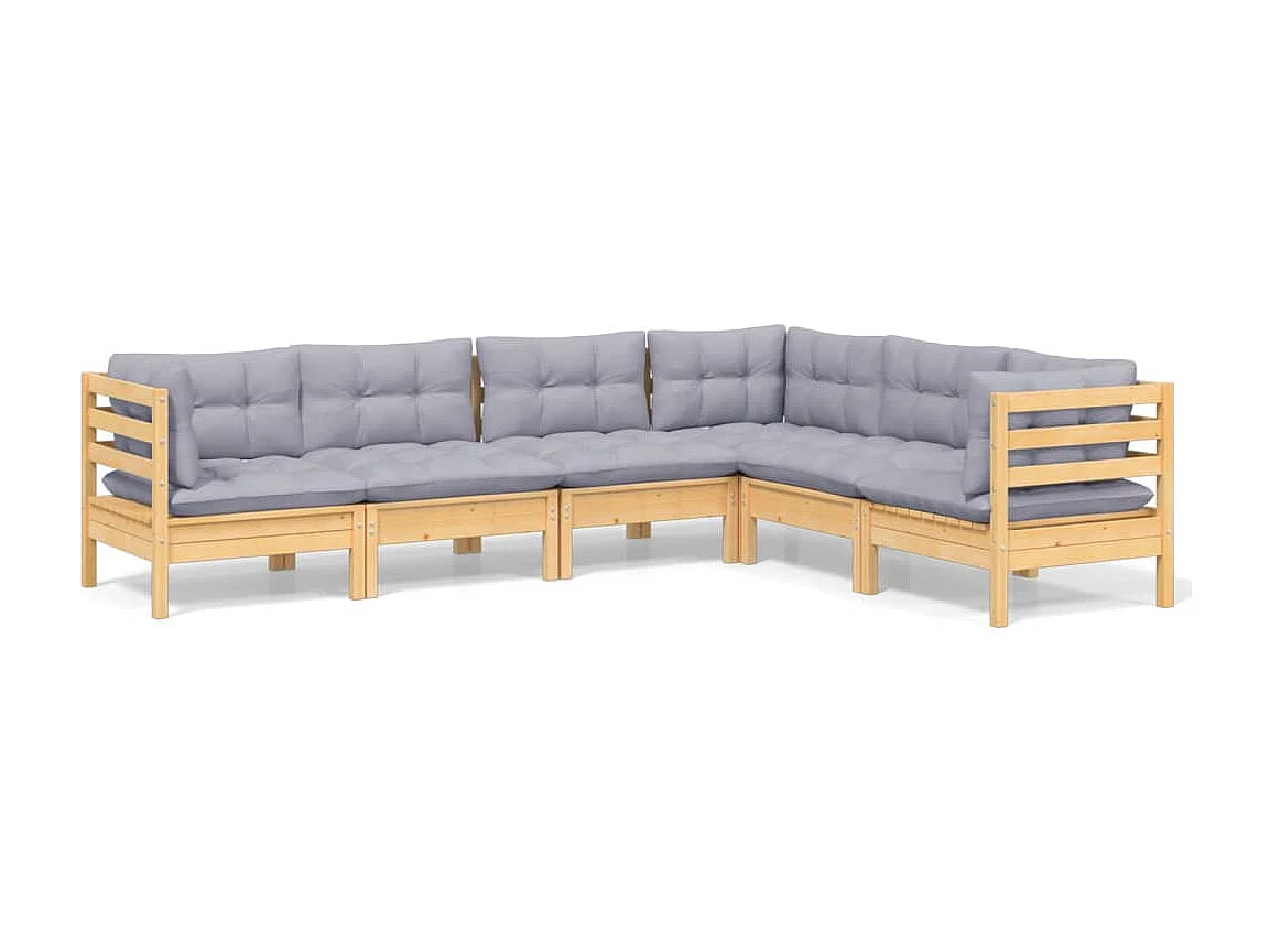 Set Divani da Giardino 6 pz con Cuscini Grigi Massello di Pino