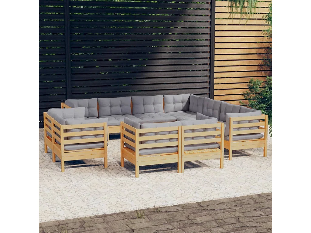 11pcs conjunto lounge de jardim + almofadões cinza pinho maciço