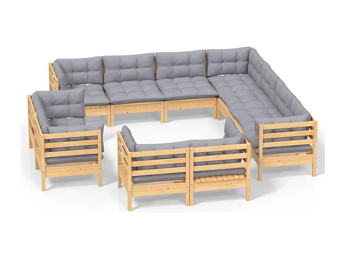 11pcs conjunto lounge de jardim + almofadões cinza pinho maciço
