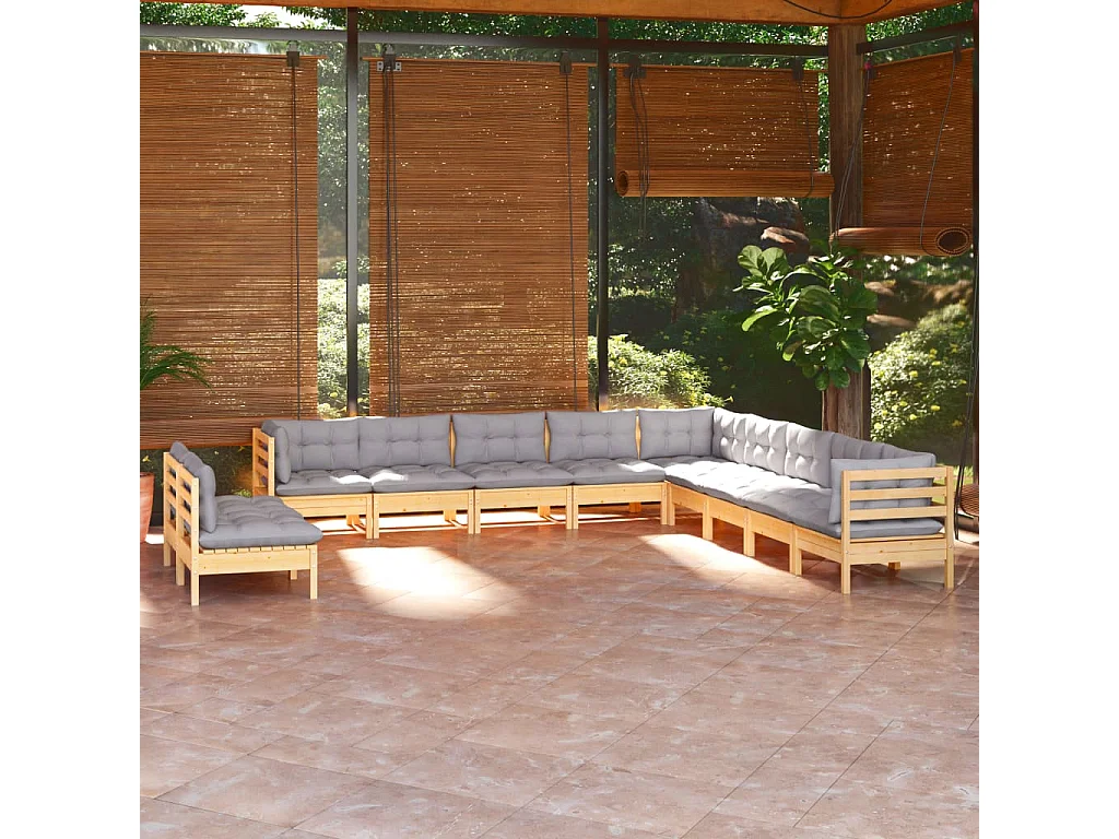 Salon de jardin 11 pcs avec coussins gris Bois de pin solide