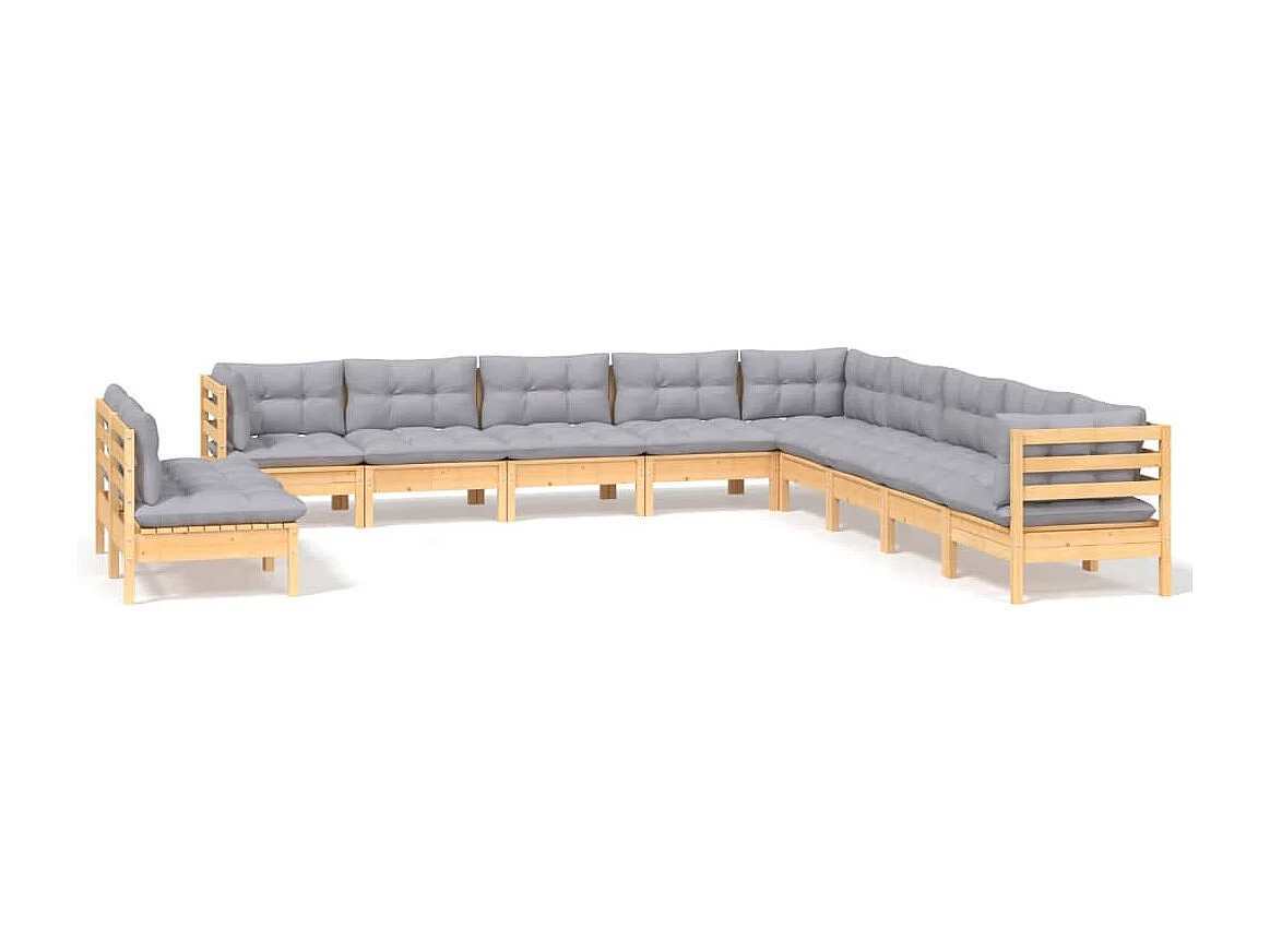Salon de jardin 11 pcs avec coussins gris Bois de pin solide