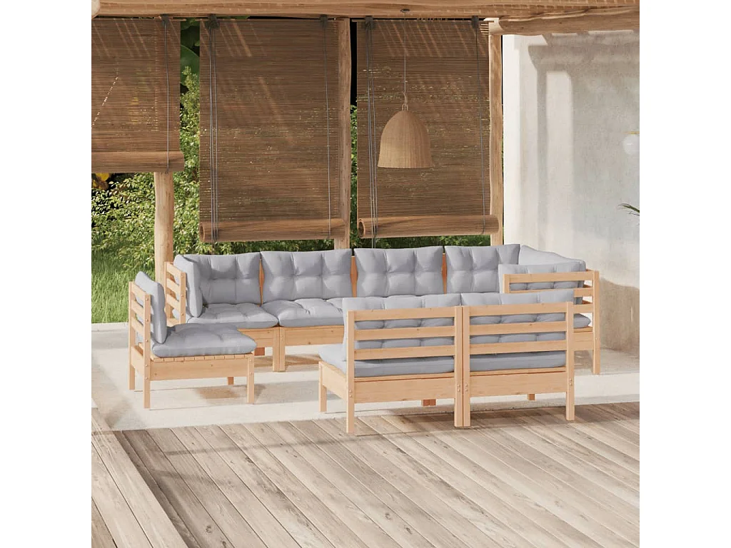 8 pcs conjunto lounge de jardim + almofadões cinza pinho maciço