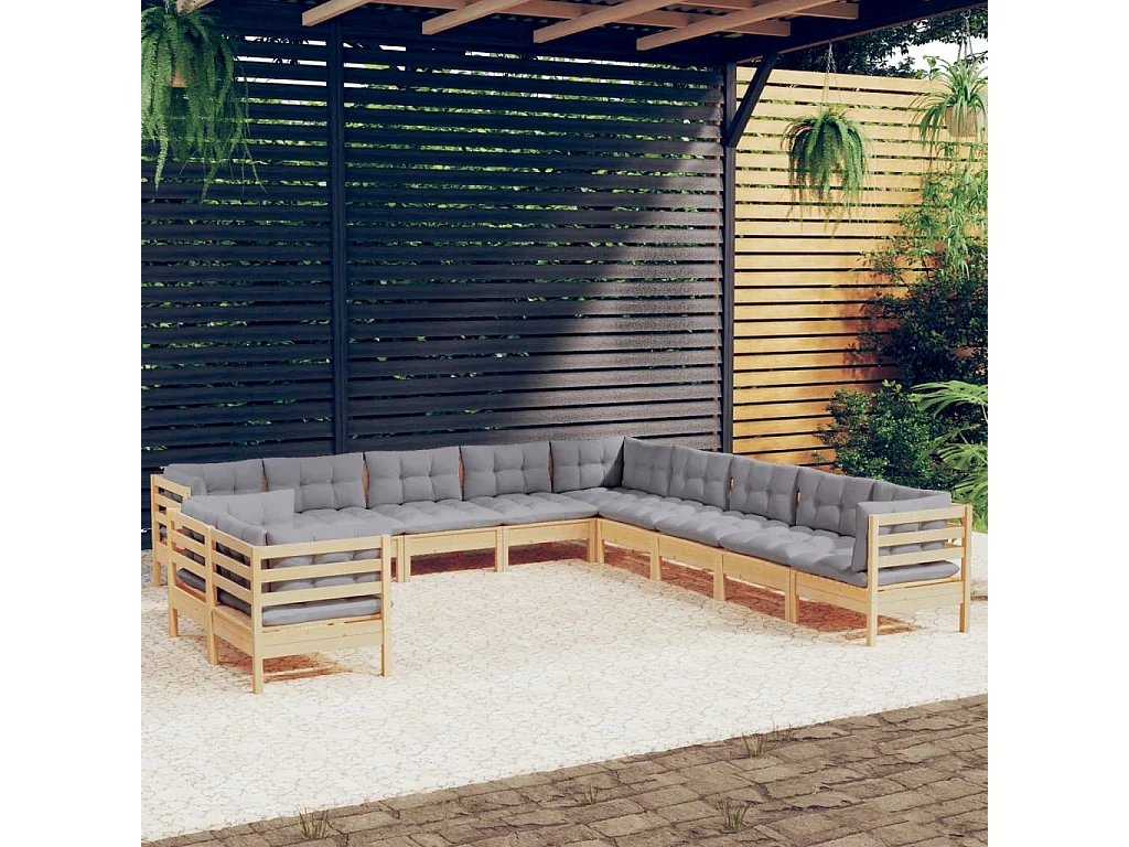 11-delige Loungeset met grijze kussens massief grenenhout