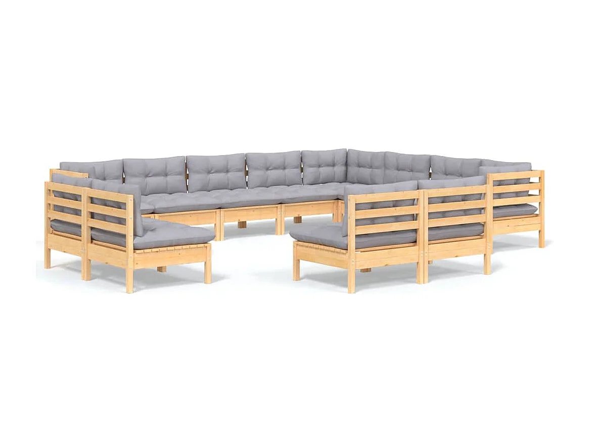 12pcs conjunto lounge de jardim + almofadões cinza pinho maciço