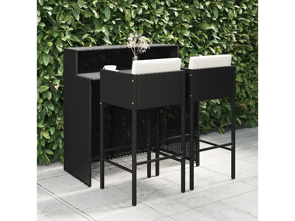 3 pcs conjunto de bar para jardim com almofadões vime PE preto