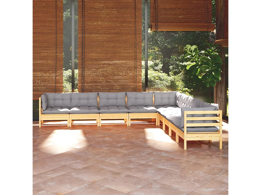 9-tlg. Garten-Lounge-Set mit Grauen Kissen Kiefer Massivholz