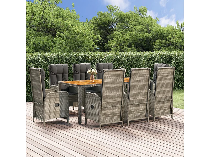 Ensemble à manger de jardin 9 pcs coussins gris résine tressée