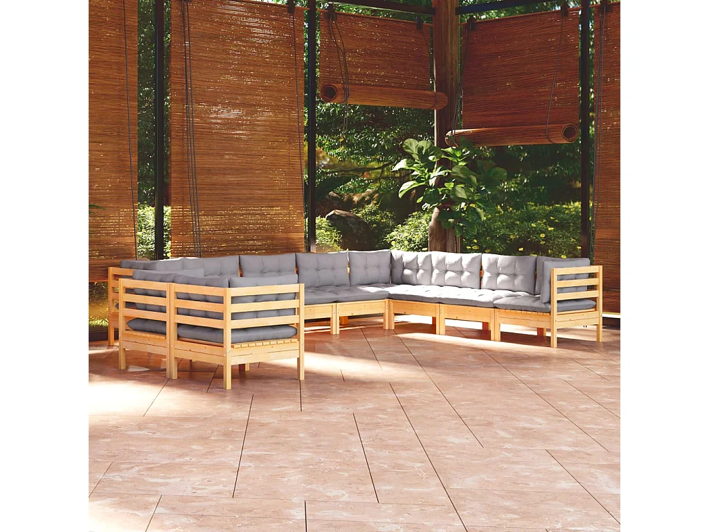 10pcs conjunto lounge de jardim + almofadões cinza pinho maciço