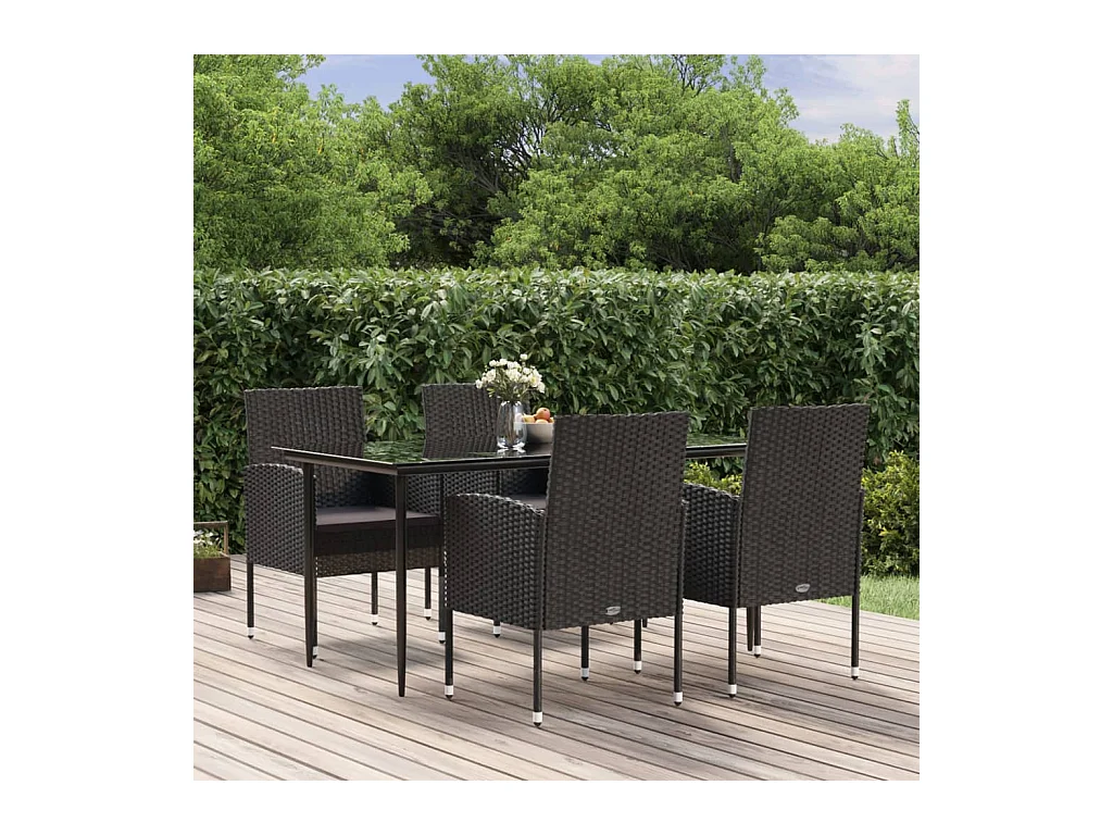 Set da Pranzo da Giardino 5 pz Nero con Cuscini in Polyrattan