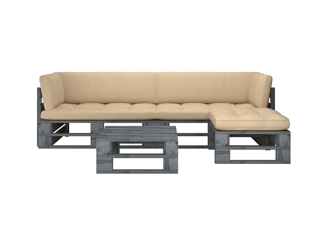 Salon de jardin palette 4pcs avec coussins Pin imprégné de gris