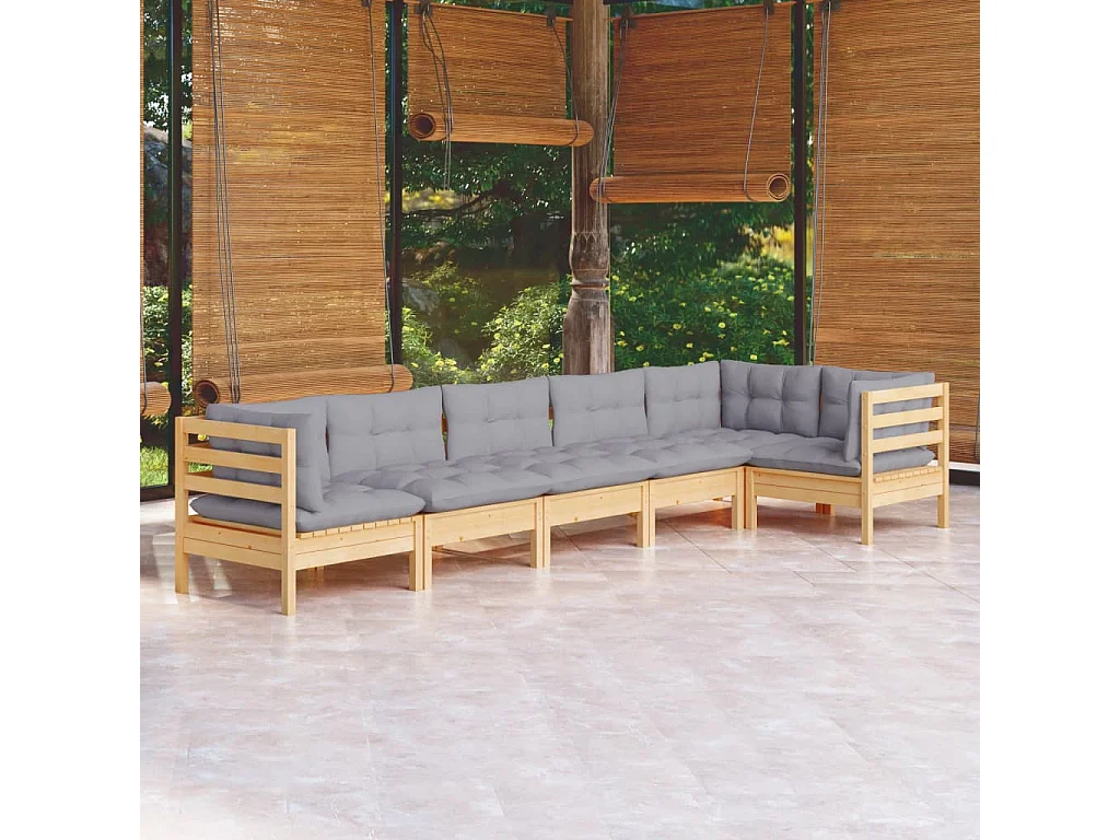 6-tlg. Garten-Lounge-Set mit Grauen Kissen Kiefernholz