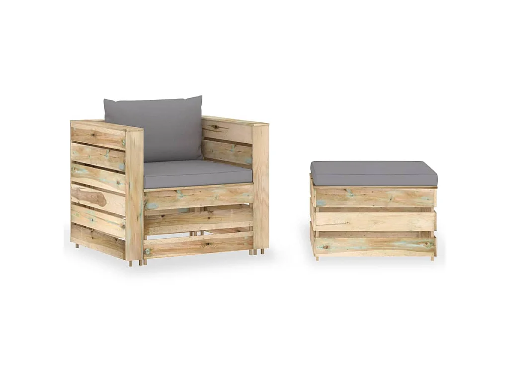 Salon de jardin 2 pcs avec coussins Bois imprégné de vert
