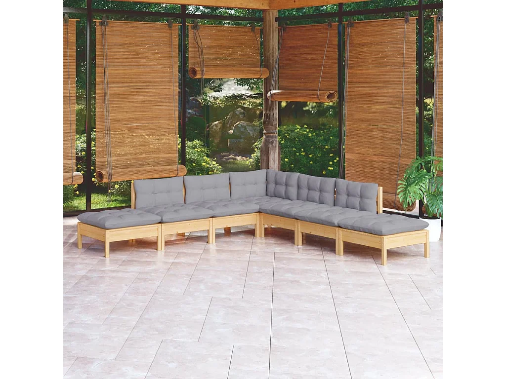 Set Divani da Giardino 7 pz con Cuscini Grigi Massello di Pino