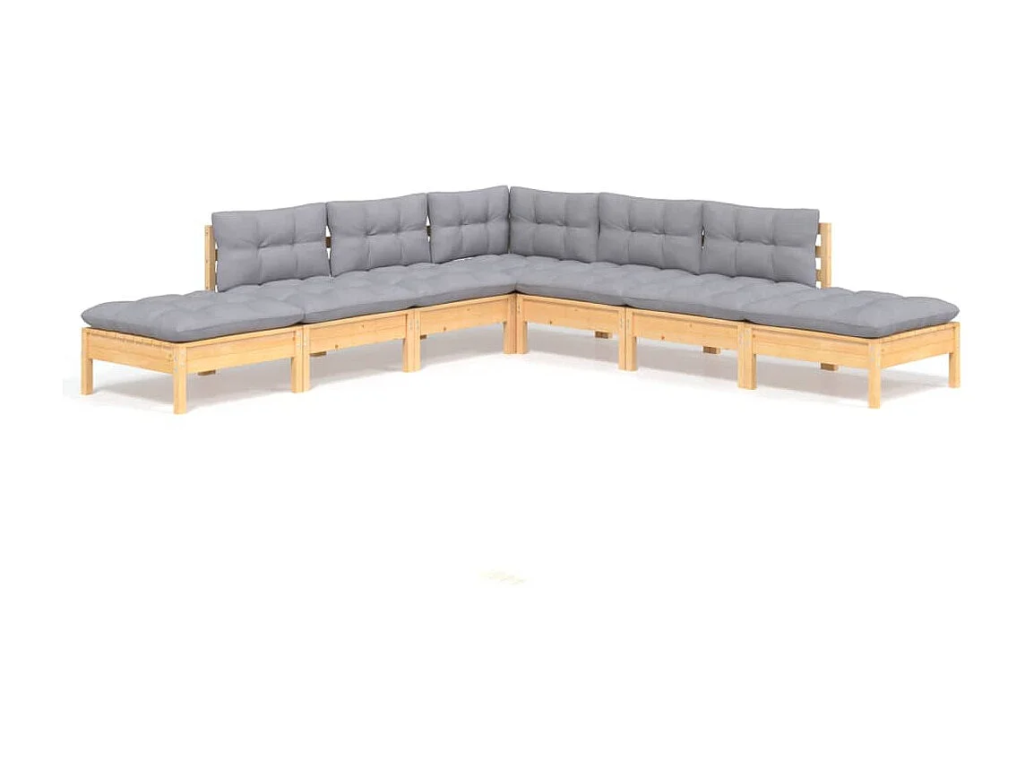 Set Divani da Giardino 7 pz con Cuscini Grigi Massello di Pino