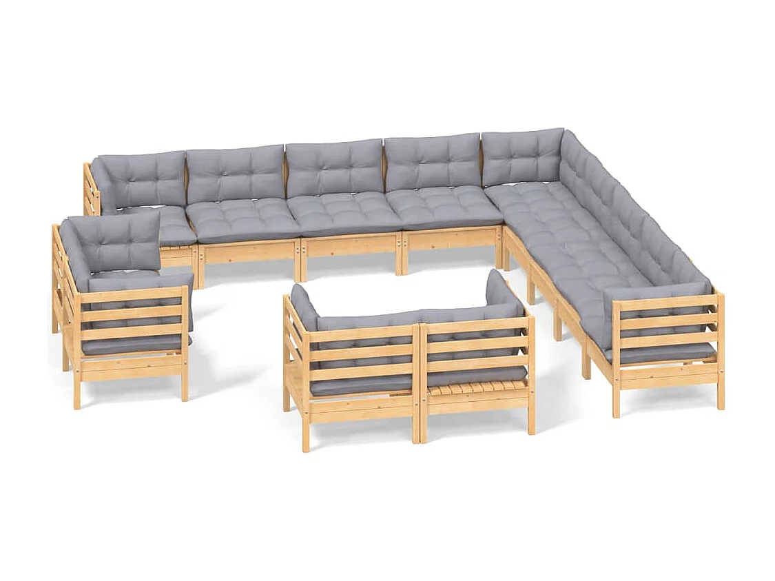 13-tlg. Garten-Lounge-Set mit Grauen Kissen Massivholz Kiefer