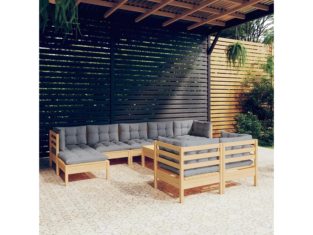 Salon de jardin 10 pcs avec coussins gris bois de pin massif