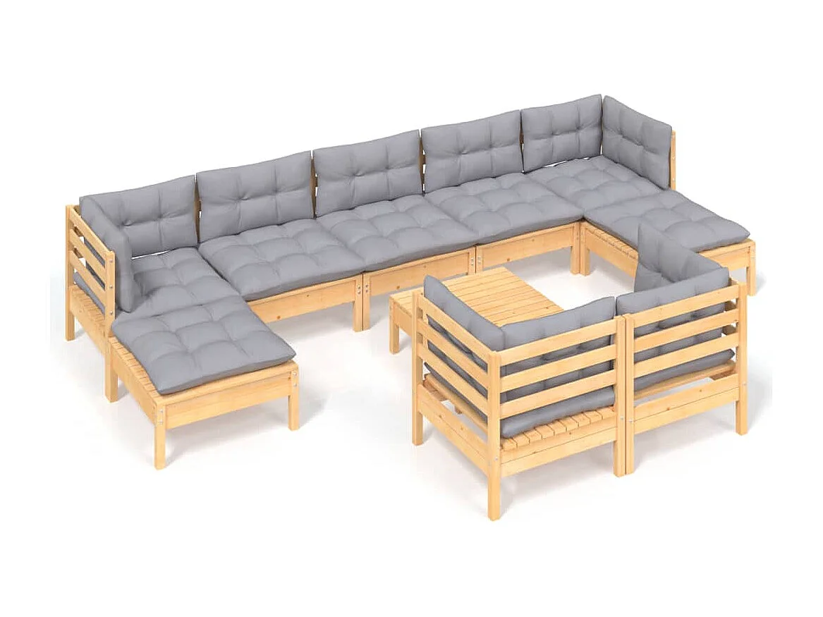 Salon de jardin 10 pcs avec coussins gris bois de pin massif