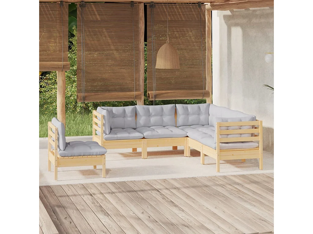 5-tlg. Garten-Lounge-Set mit Grauen Kissen Kiefernholz