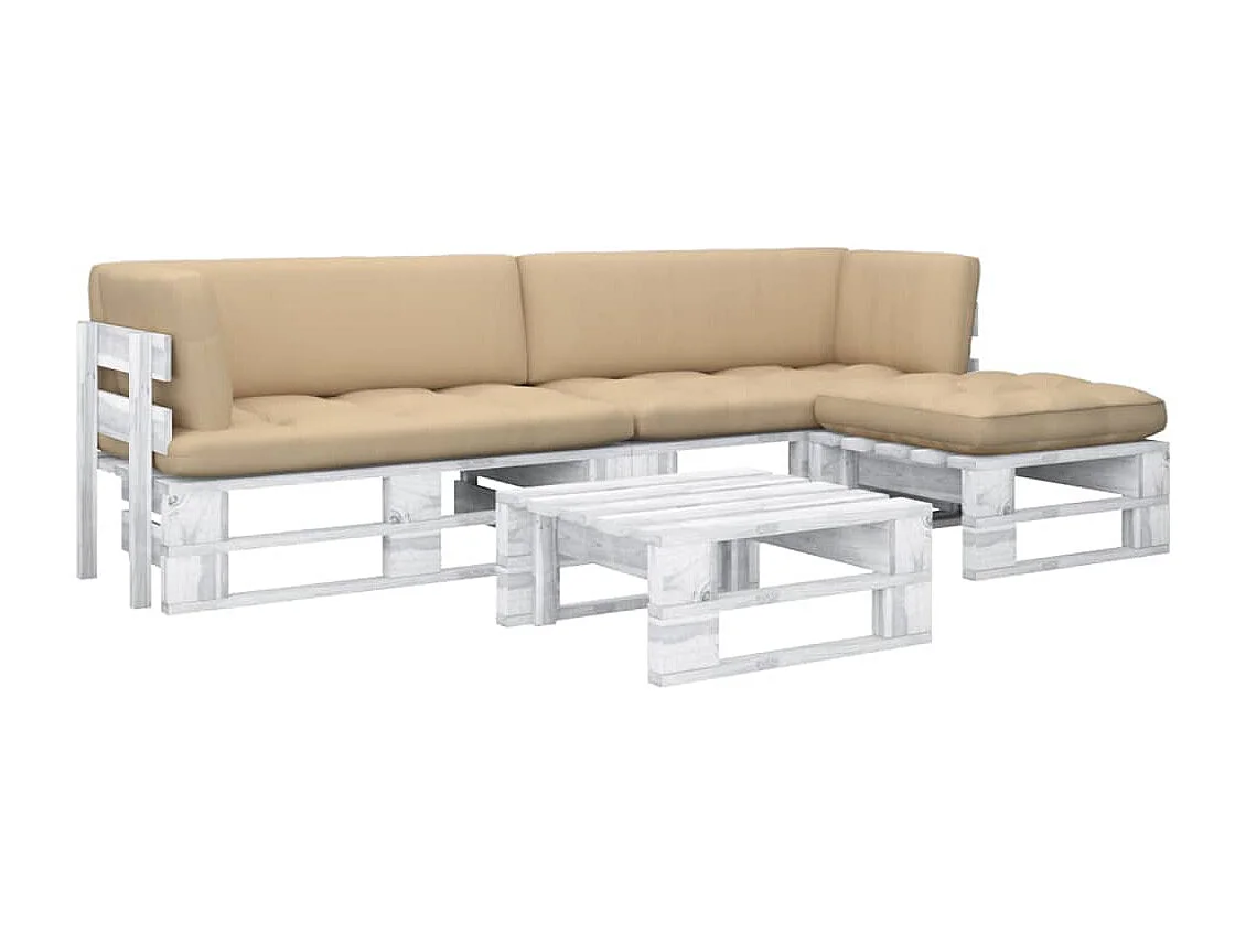 Salon de jardin palette 4 pcs et coussins Pin imprégné de blanc