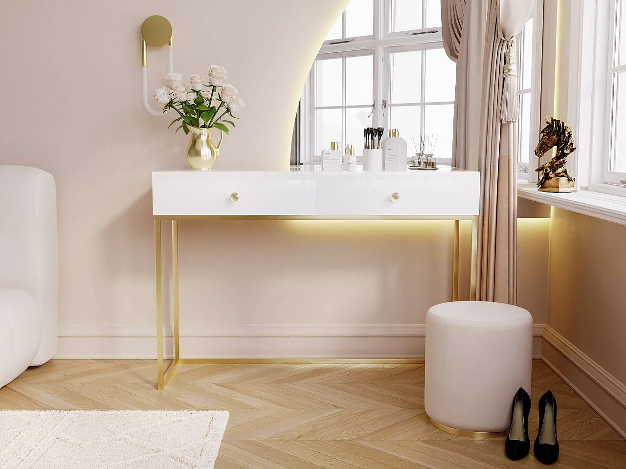 Schminktisch mit 2 Schubladen - 104/78/50 cm -  Weiß Hochglanz mit goldfarbenen Metallbeinen